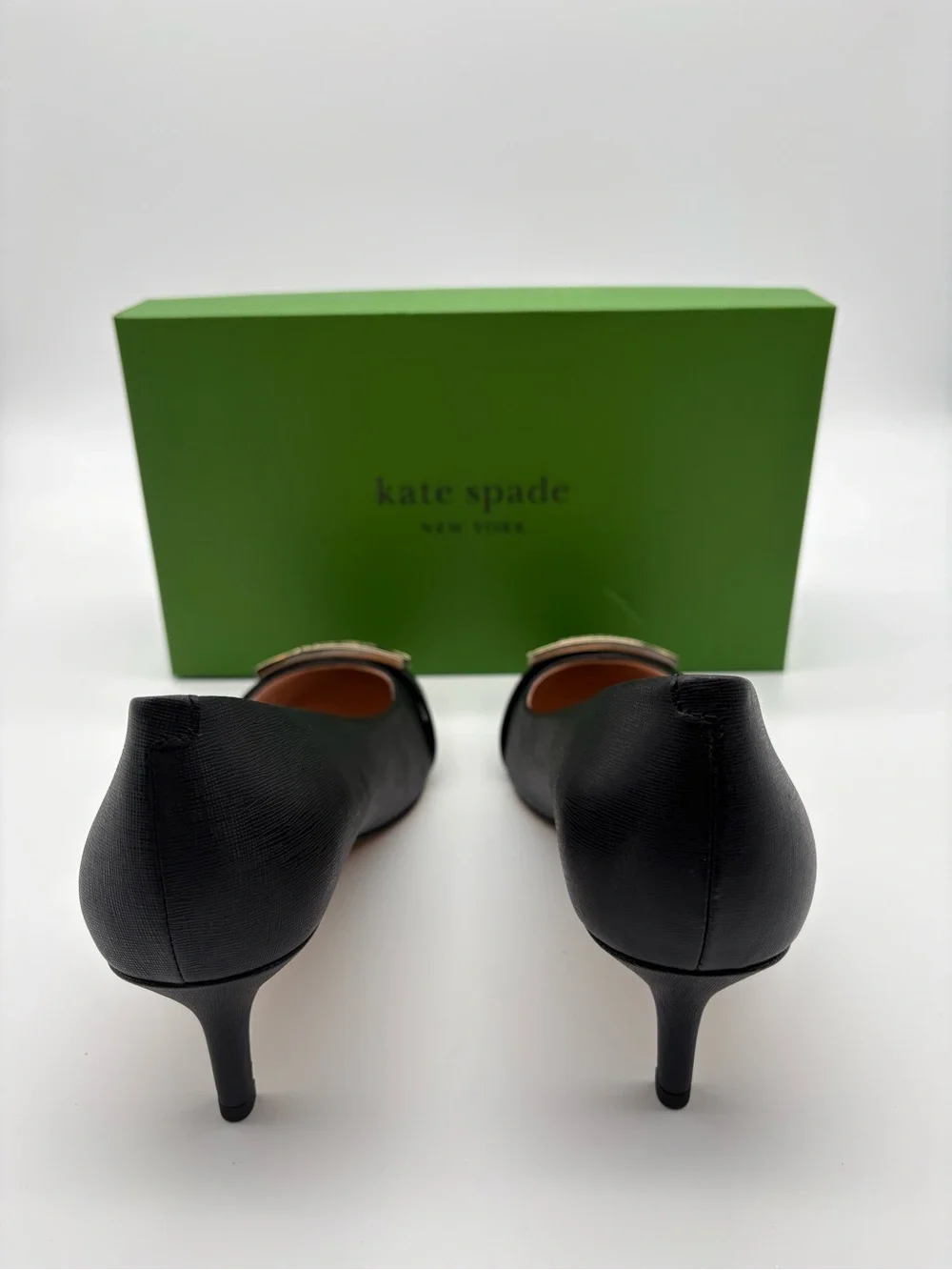 Kate Spade Women Daniella Saffiano Black Leather Pointed Toe Kitten Heels 9B